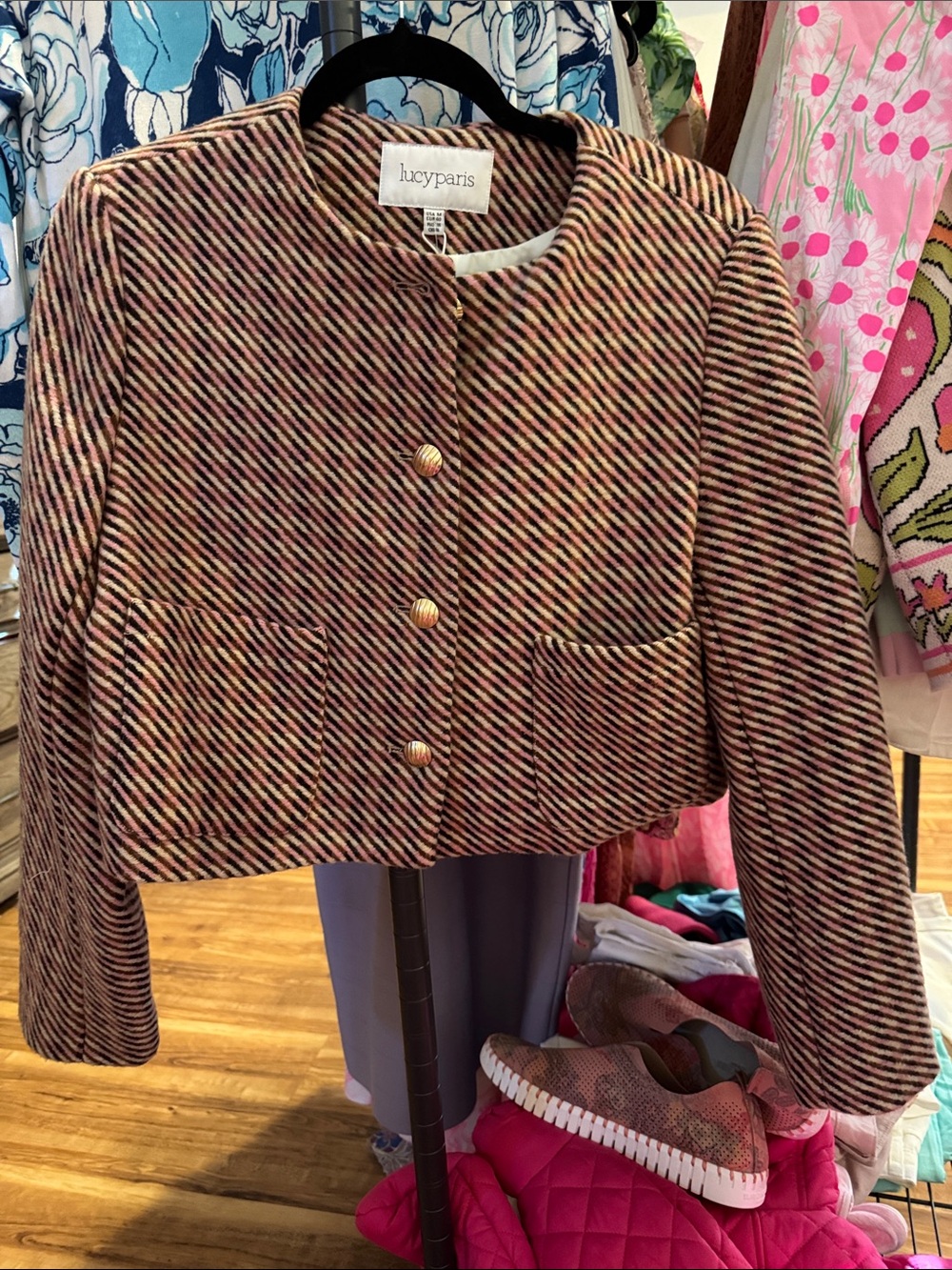 Lucy Paris Cropped Multi-Color Striped Boxy Blazer with Gold Buttons